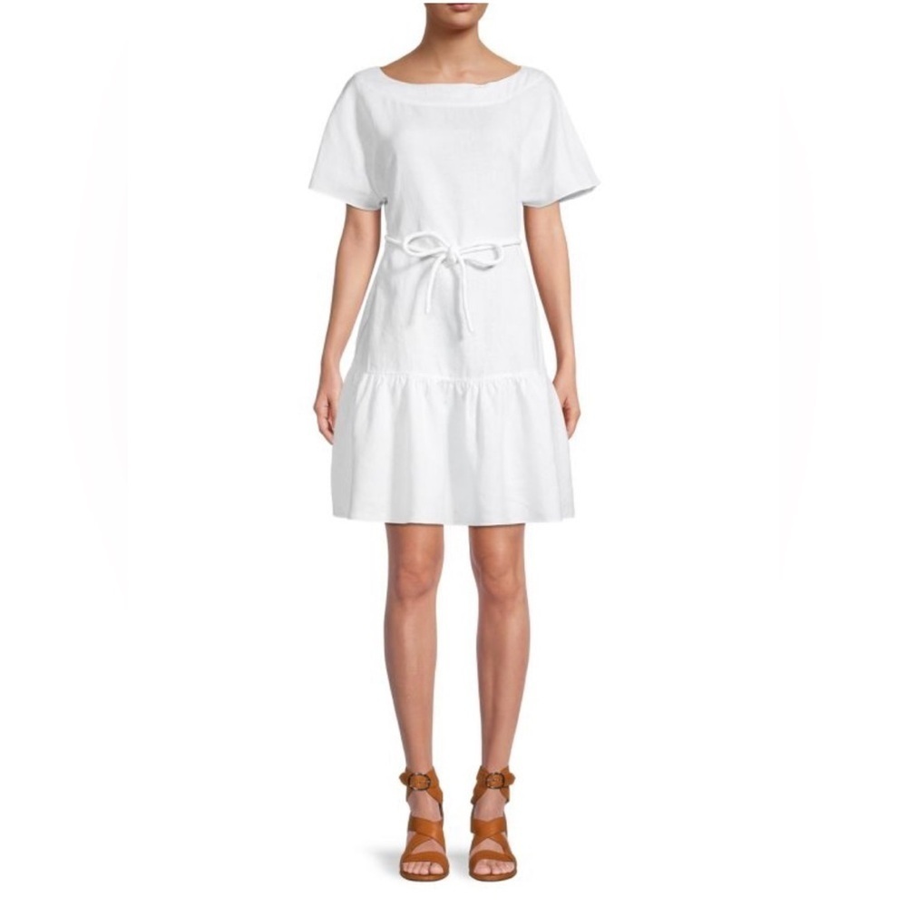 Trina Turk Tranquil Linen Mini Dress White Flutter Sleeve Tiered 100% Linen EUC